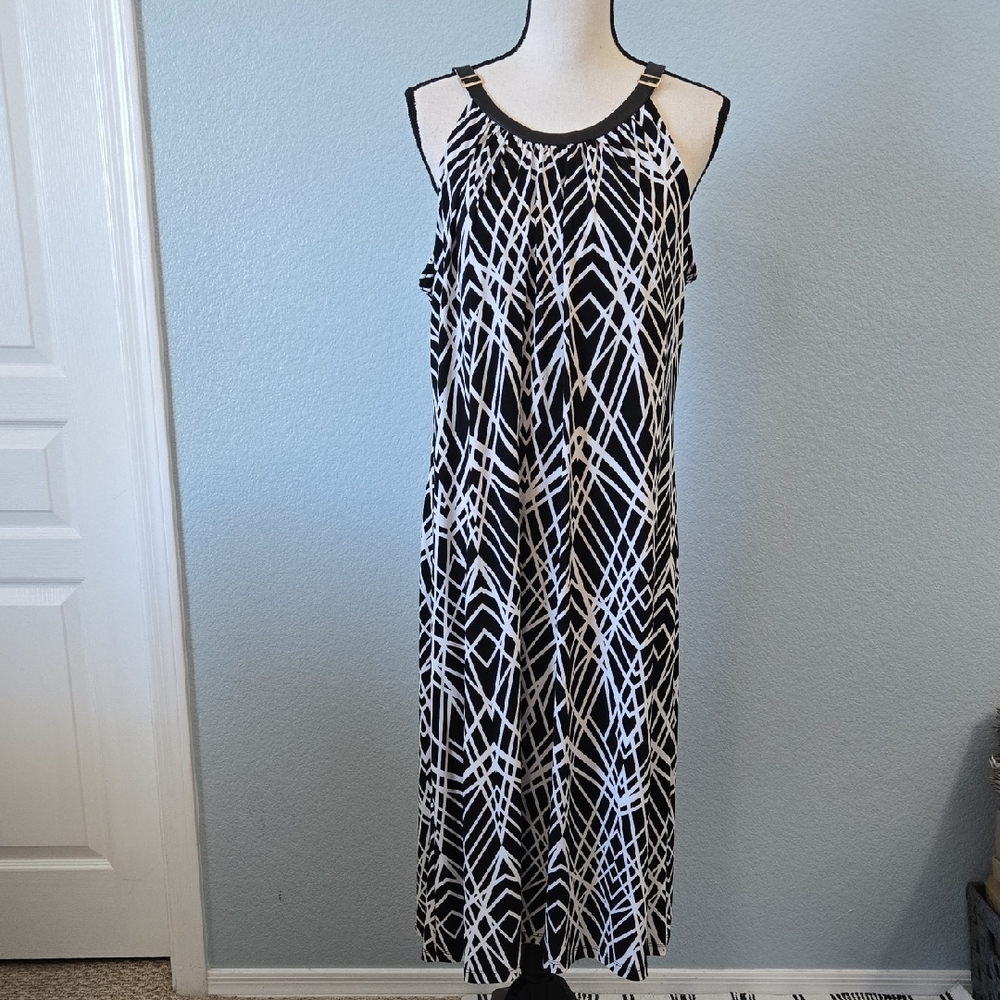 CALVIN KLEIN Black & White Geometric Print Halter Midii Dress Faux Leather Sz XL